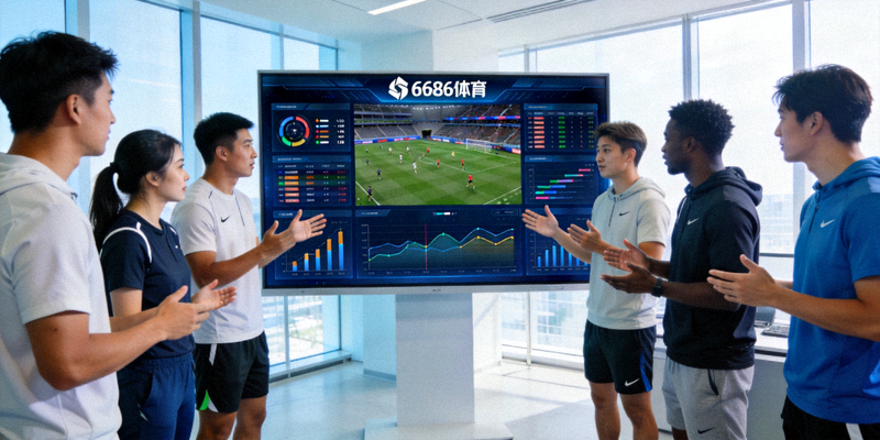6686体育精英团队会议场景 - 一群穿着休闲运动装的团队成员在现代化办公室内围绕体育数据分析屏幕进行热烈讨论