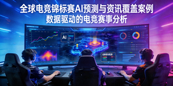 全球电竞锦标赛AI预测与资讯覆盖案例封面 - 电竞选手在比赛，屏幕显示复杂的AI数据图表